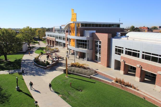An aerial shot of the front of the Rhatigan Student Center at Wichita State University