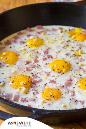 Baked Eggs in Cheese Sauce with Country Ham #Recipe | ExploreAsheville.com