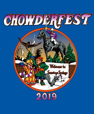 Chowderfest 2019 with drawing up people drinking chowder by Native Dancer in Saratoga Springs NY background royal blue