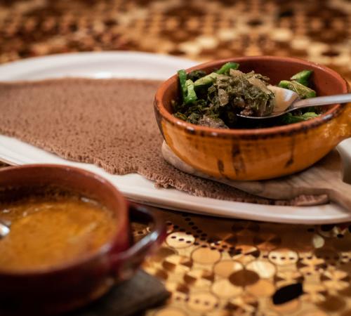 An Ethiopian dish is served with traditional flatbread at Nanyea Restaurant, Coffee House & Bar in Dayton.