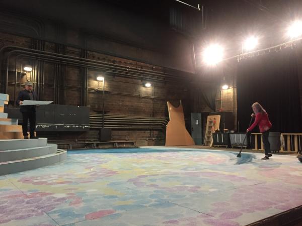 Scenic Designer C. David Russell and Scenic Charge Cassandra Lentz work on the stage design for Tantrum Theater’s production of “A Midsummer Night’s Dream”