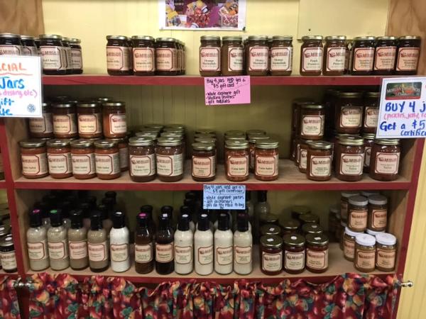 Shelves of jams and jellies at Morgan's Half Acre Produce