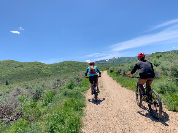 Two mountain bikers riding a dirt path