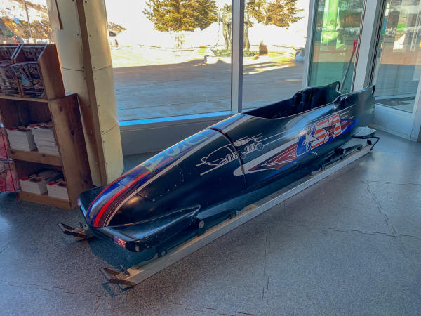 a bobsled in the lobby of Utah Olympic Park