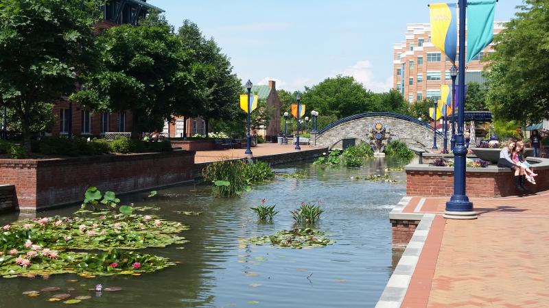 Stone Arch Bridge and channel waterway at Carroll Creek Park