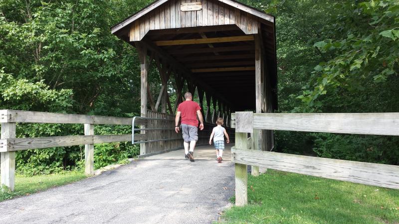 This pedestrian covered bridge is located at Pioneer Park in Mooresville.