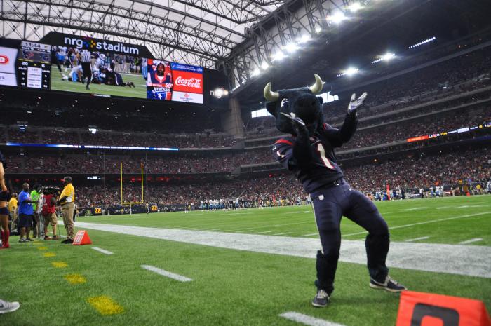 TORO mascot dancing at a Houston Texans game