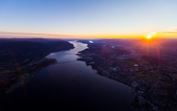 Okanagan Lake & Kelowna Sunrise from Helicopter