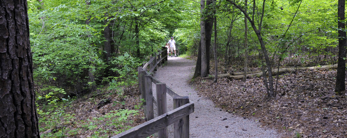 Couple on a trail at Clemmons Forest in Clayton, NC.