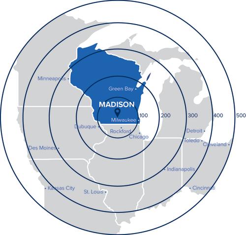 A map showing major cities within driving distance of Madison, WI