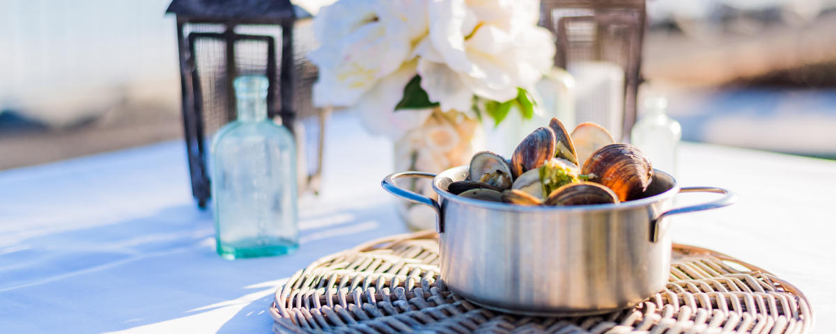A large bowl of fresh clams is served at an oceanfront restaurant on St. Simons Island, GA