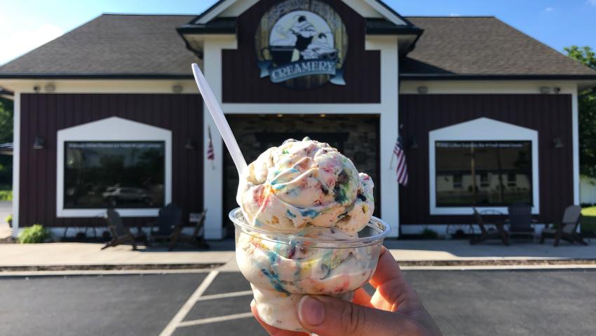 Ice cream with crushed peanuts and colorful M&M pieces