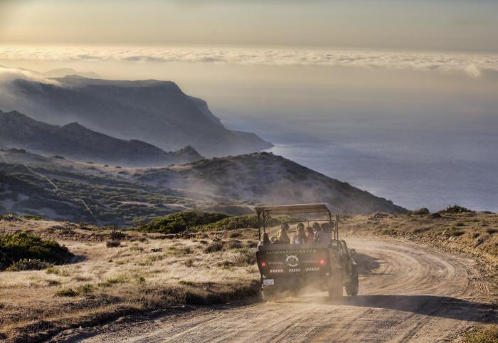Hummer tour driving on dirt roads along hills on Catalina Island