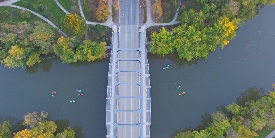 Kayaks along the St Marys River at the MLK Bridge near Headwaters Park