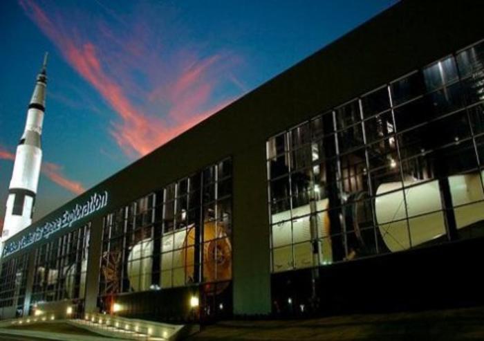 The Davidson Center at night at the U.S. Space & Rocket Center