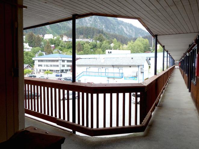 Hotel Walkway with View of Mt Juneau