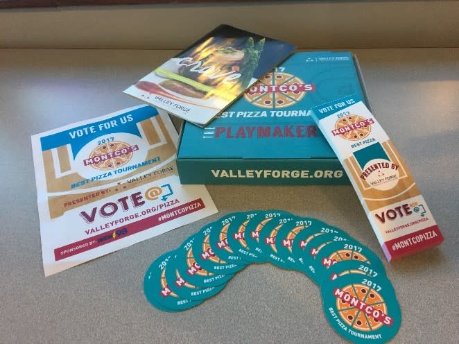 Contents of the Playmaker Pie, a collection of marketing collateral designed to help the participating pizzarias win the 2017 Montco’s Best Pizza Tournament. The contents included magnets for customers and voter-reminders to attach to customer checks.