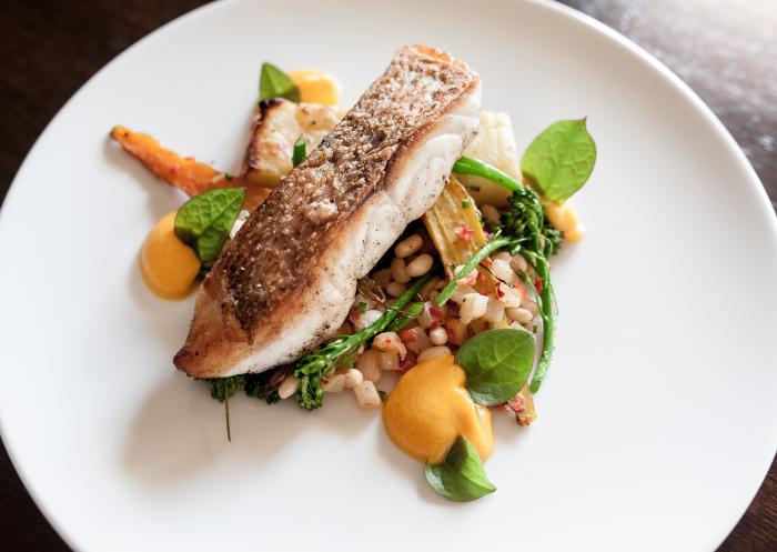 Entree on white plate from a Houston restaurant