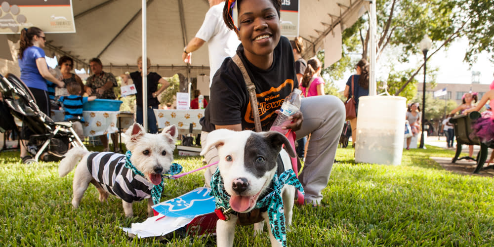 Girl posing with two dogs at the Dogtober Fest