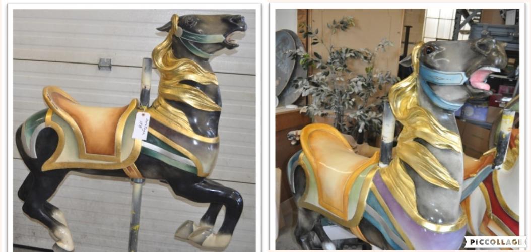 Two-photo collage showing before and after refurbishments pics of one of the carousel horses