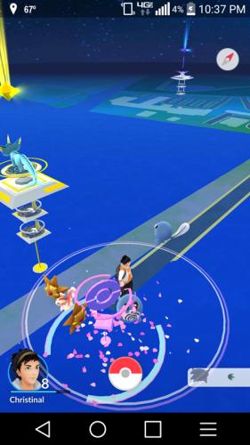 Many Pokemon gather around a trainer, City Pier is a popular area for players of the Pokemon GO game to gather.