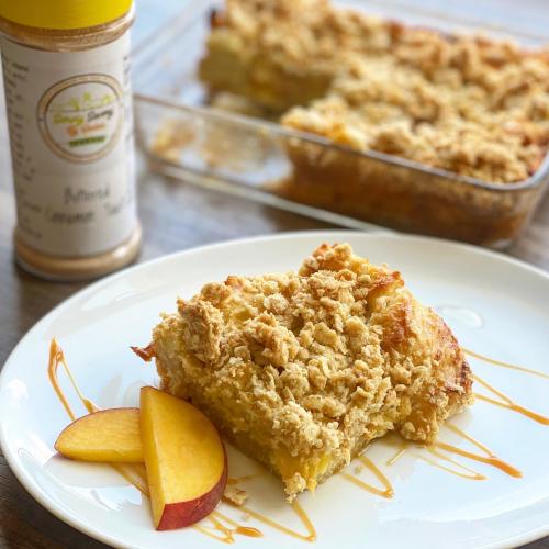 A slice of peach cobbler backed with spice from the Dayton-area Simply Savory spice company.