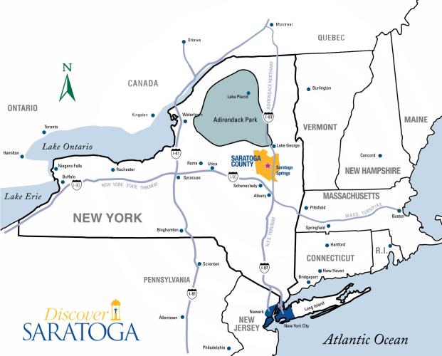 Map of New York State with Saratoga County's location highlighted in yellow and Adirondack Park highlighted in green. Surrounding states included.