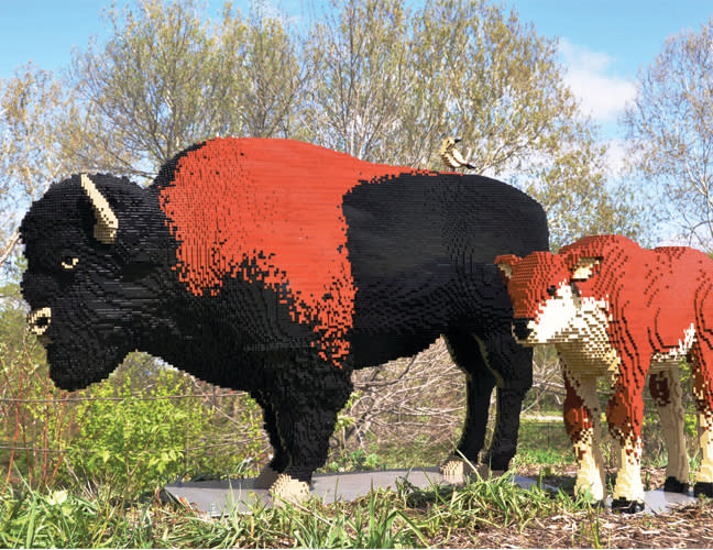 Life-size adult and baby bison built from over 60,000 LEGO bricks and created by Sean Kenney stand on display in a park