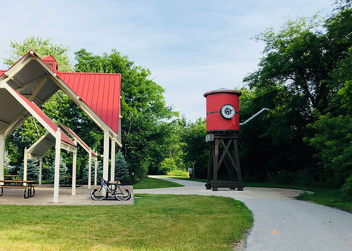 Sitting area and water tower at the Erie Lackawanna Trailhead Crown Point