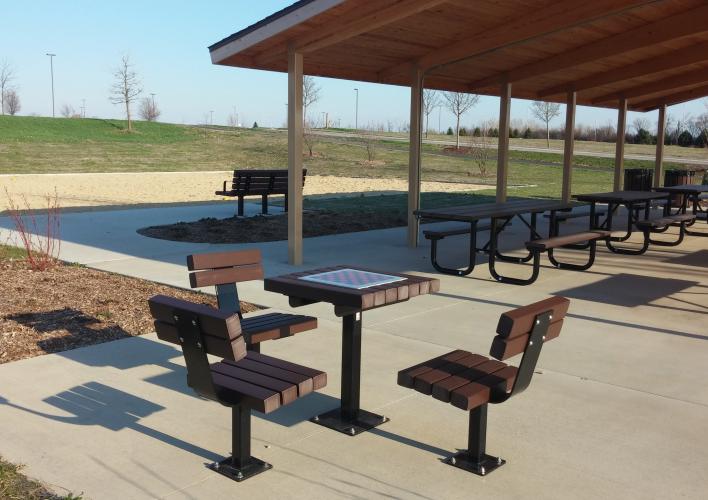 McCaslin Park Large Picnic Shelter with Sand Volleyball, Bags, Grill, adjoining playground