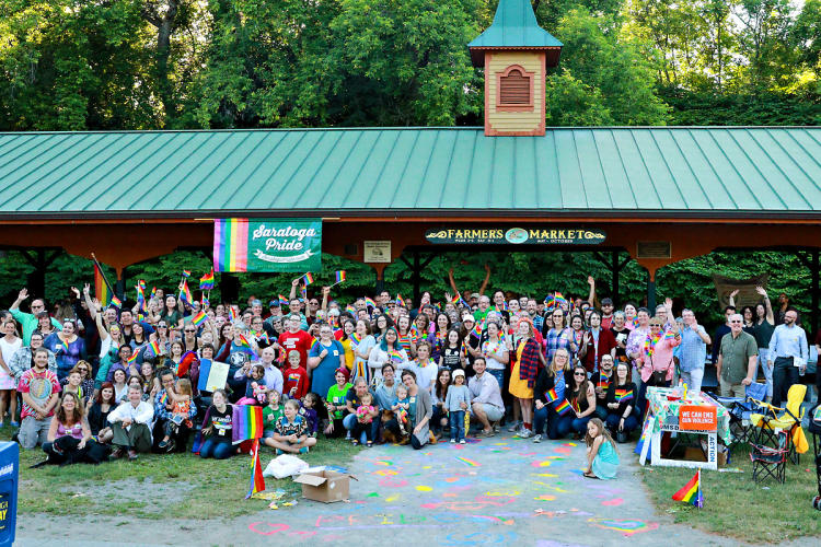 Group shot of Saratoga Pride 2018 attendees at High Rock Pavilion