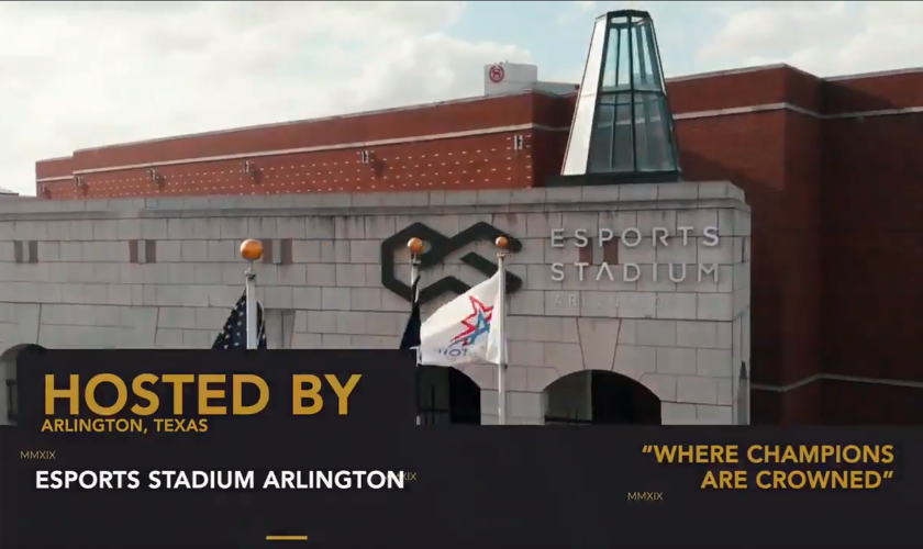 Photo of Esports Stadium Arlington with graphic that says "Hosted by Arlington, Texas, Esports Stadium Arlington, Where Champions Are Crowned"