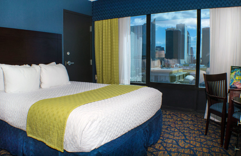 Guest room with city skyline view