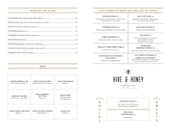 Drink menu at Hive and Honey