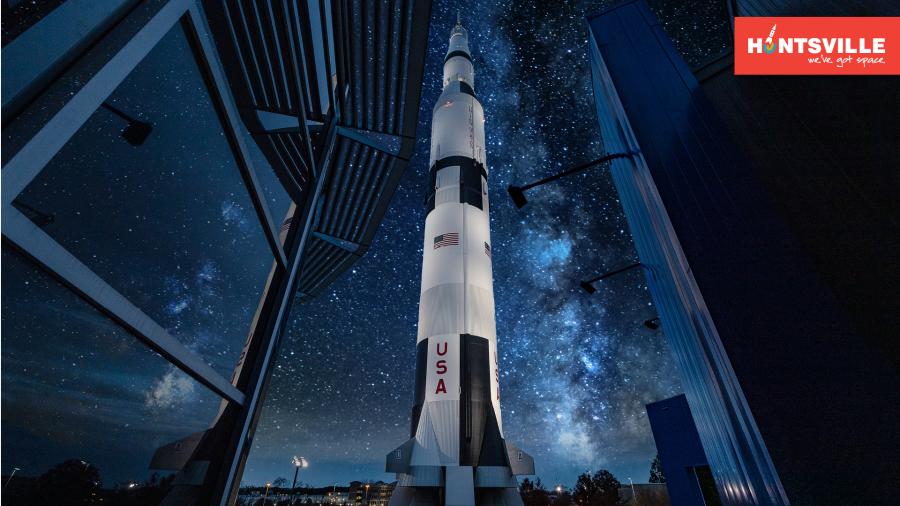 Huntsville's most famous resident, the Saturn V rocket, points towards the stars on a clear night.