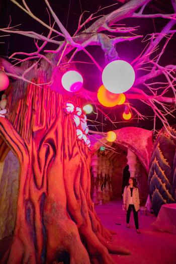 View of LED tree inside Otherworld art installation
