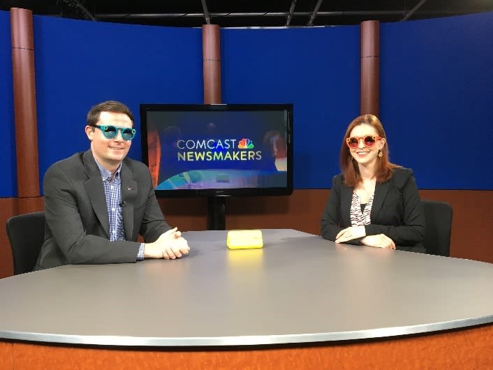 Edward Harris, Vice President of Marketing & Communictions for the Valley Forge Tourism and Convention Board, sits for an on-air interview with Jill Horner of Comcast Newsmakers to discuss the tourism organization’s use of Snapchat Spectacles. As part of the interview, the pair tried on a pair.