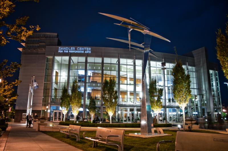 Sandler Center Plaza Wings Sculpture In Front Of The Building At Night