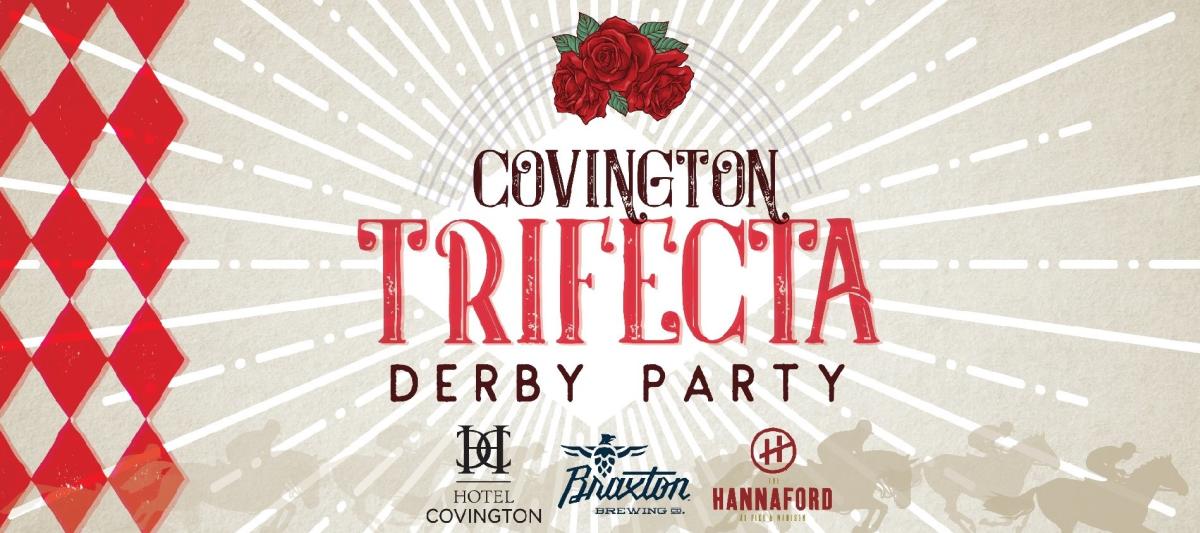A sign for the Covington Trifecta Derby Party with red roses at the top