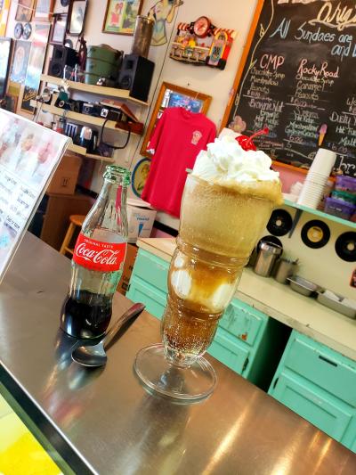 An ice cream float is served up at the vintage 1950s-inspired Ice Cream Shoppe.