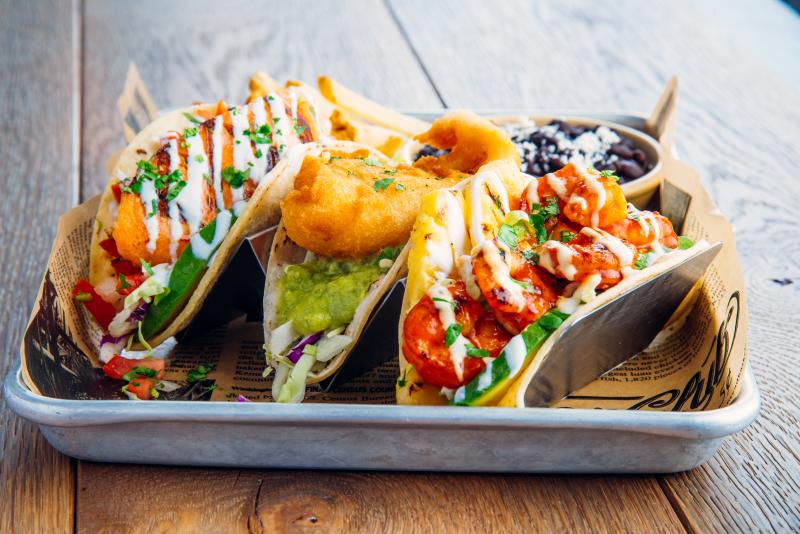 Plate of fresh fish tacos at Pacific Catch in San Mateo California