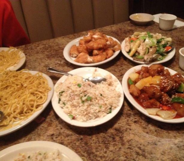 Table full of chinese food dishes