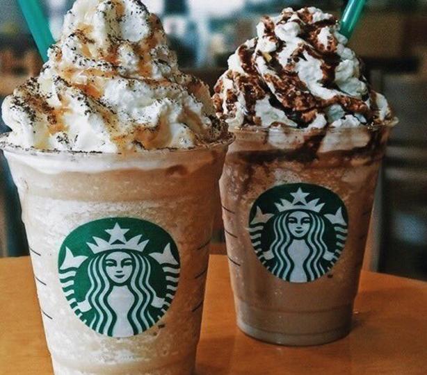Blended frappuccinos with whipped cream and caramel