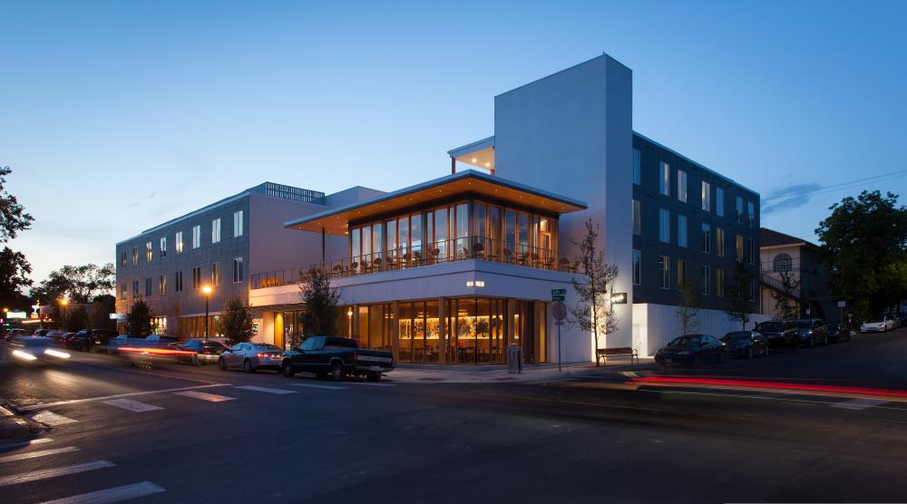 exterior of East Austin Hotel at Twilight in austin texas