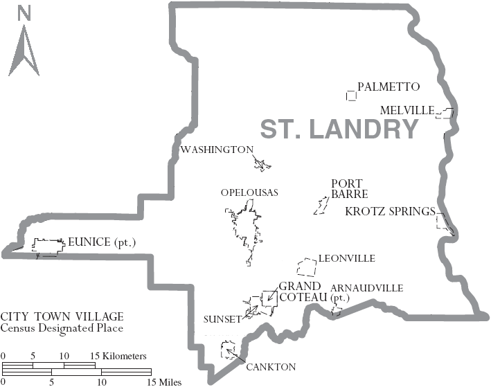 Map of St. Landry Parish, Louisiana With Municipal Labels