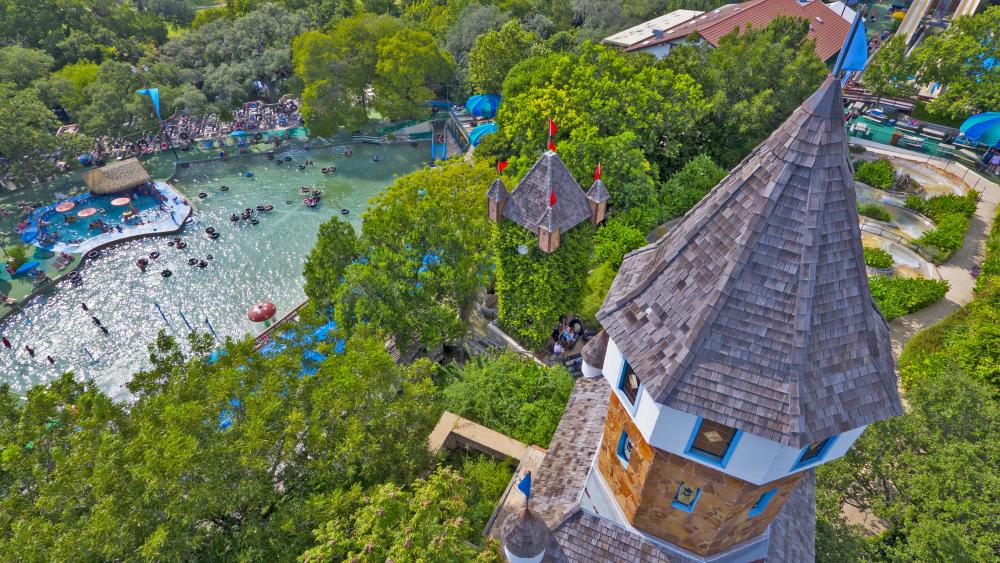 Aerial view of castle and water park at Schlitterbahn New Braunfels texas