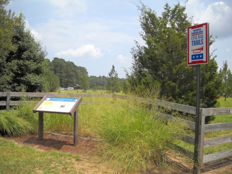 Civil War trail marker at Bentonville Battlefield State Historic Site, Four Oaks, NC.