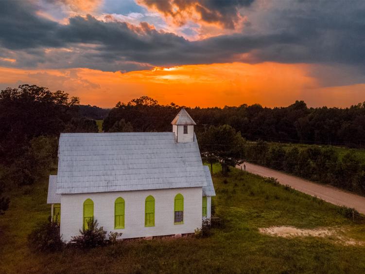 Clayton rural country church at sunset in Clayton NC.