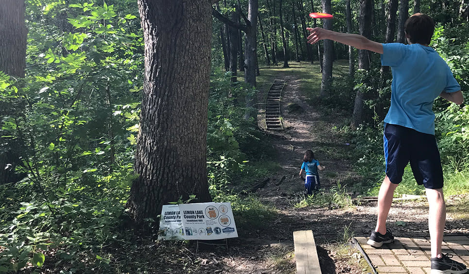 Lemon Lake County Park disc golf - taking at shot