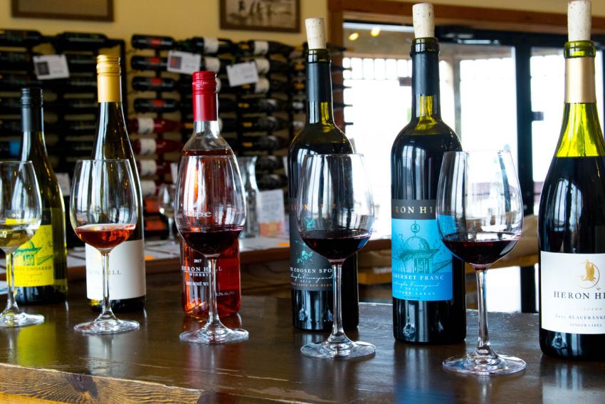 A flight of red wine at Heron Hill Winery